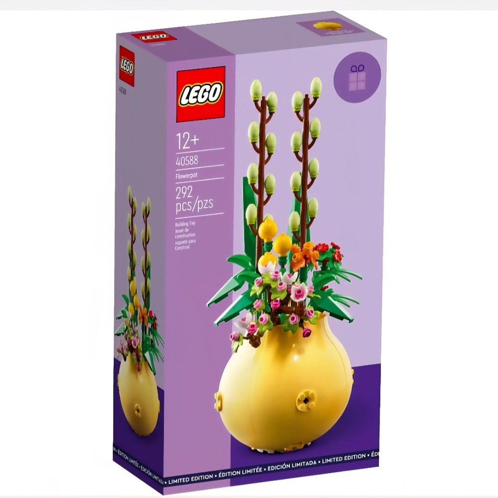 Lego Yellow Flowerpot with Green Leaves and Pink Blooms